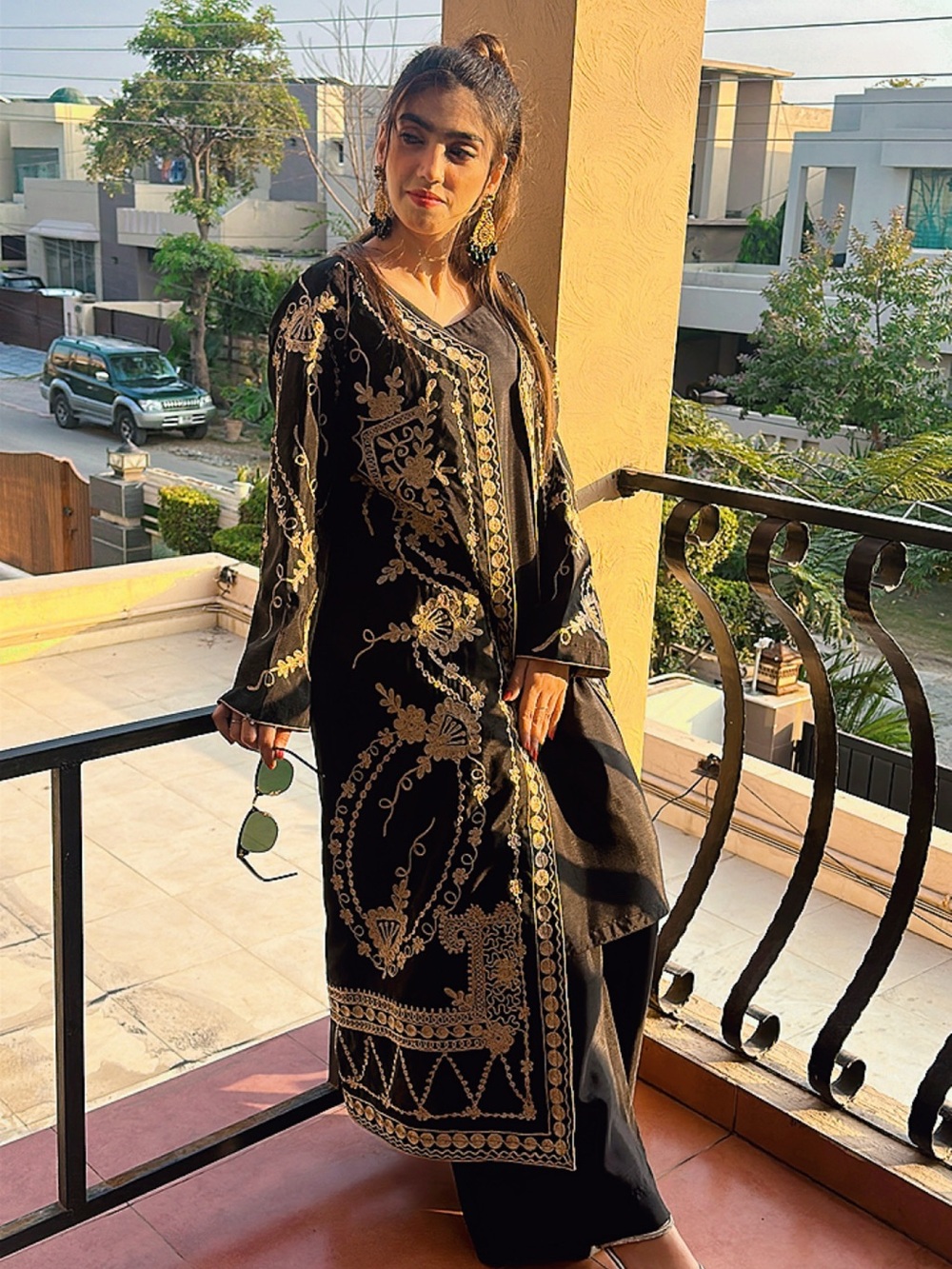 Black Embroidered Long Women's 3 pc Dress with dull Gold Detail